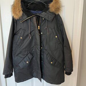 J.Crew Winter Waxed Canvas Parka Primaloft Faux Fur - BLACK Size XL